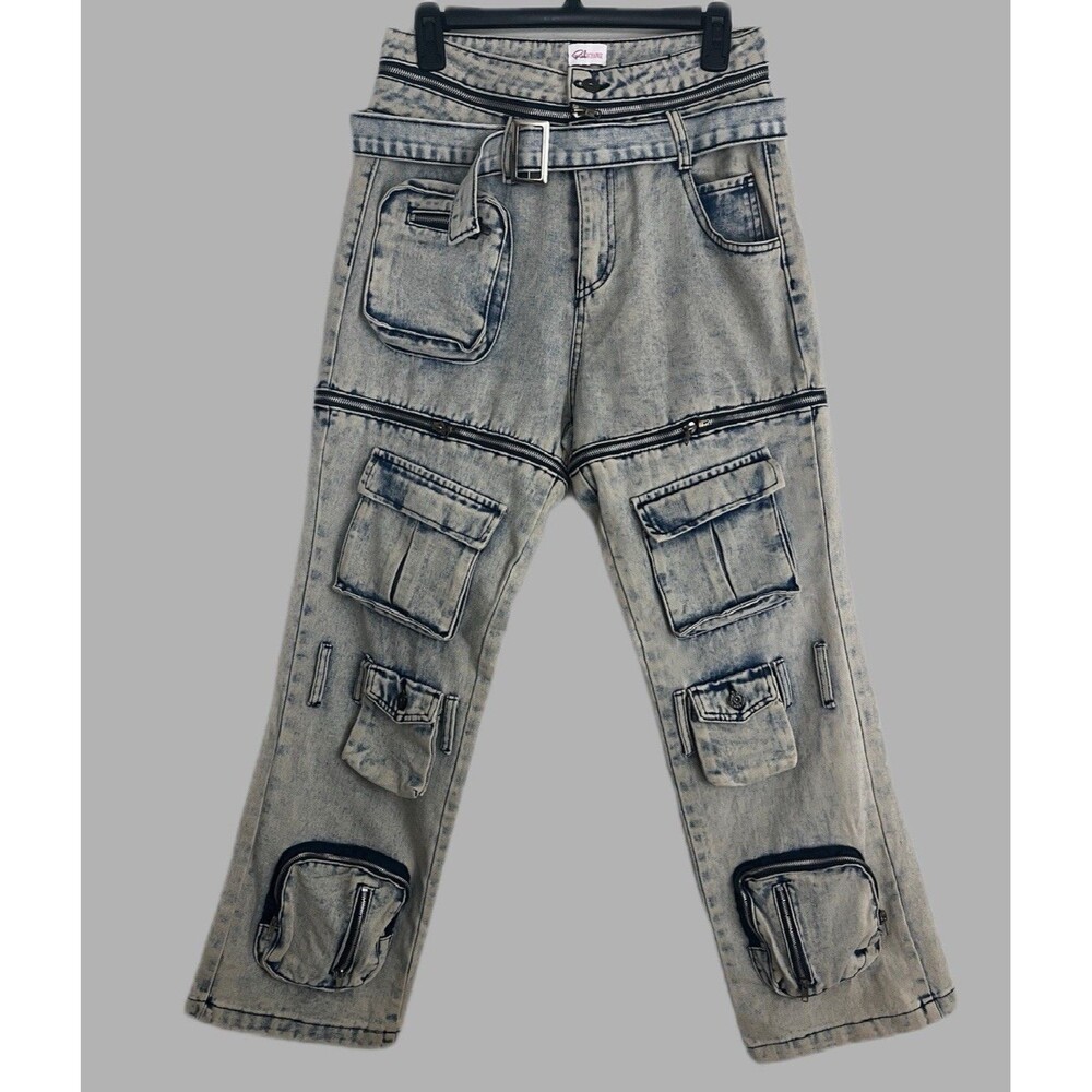 RichXchange Women’s Acid Wash Cargo Jeans Zipper Detail Size Medium